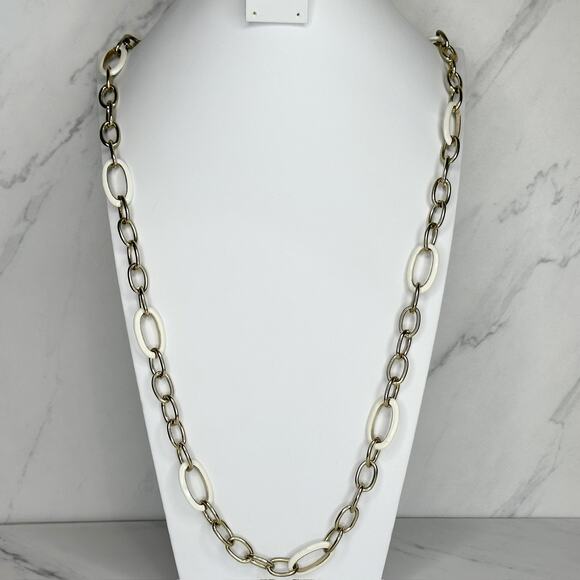 Gold Tone and White Long Chain Link Necklace - Picture 1 of 12